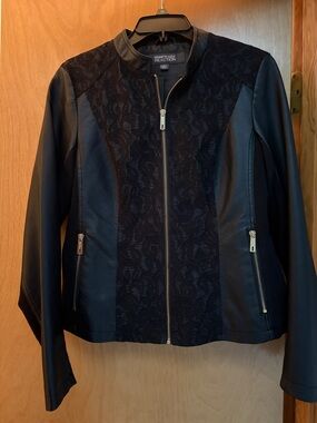 Kenneth Cole Reaction Black Faux Leather Jacket with Lace Front